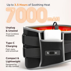 MineeCozee heating pad fits around the lower back with extension belt.