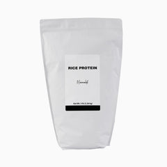 Minimalist Rice Protein bag closeup demonstrates resealable packaging for lasting freshness in smoothies