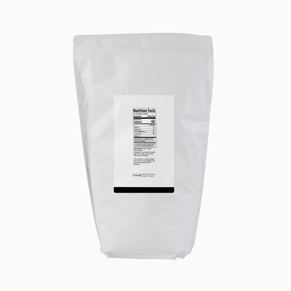 Minimalist Rice Protein bag front shows convenient white resealable pouch for easy storage