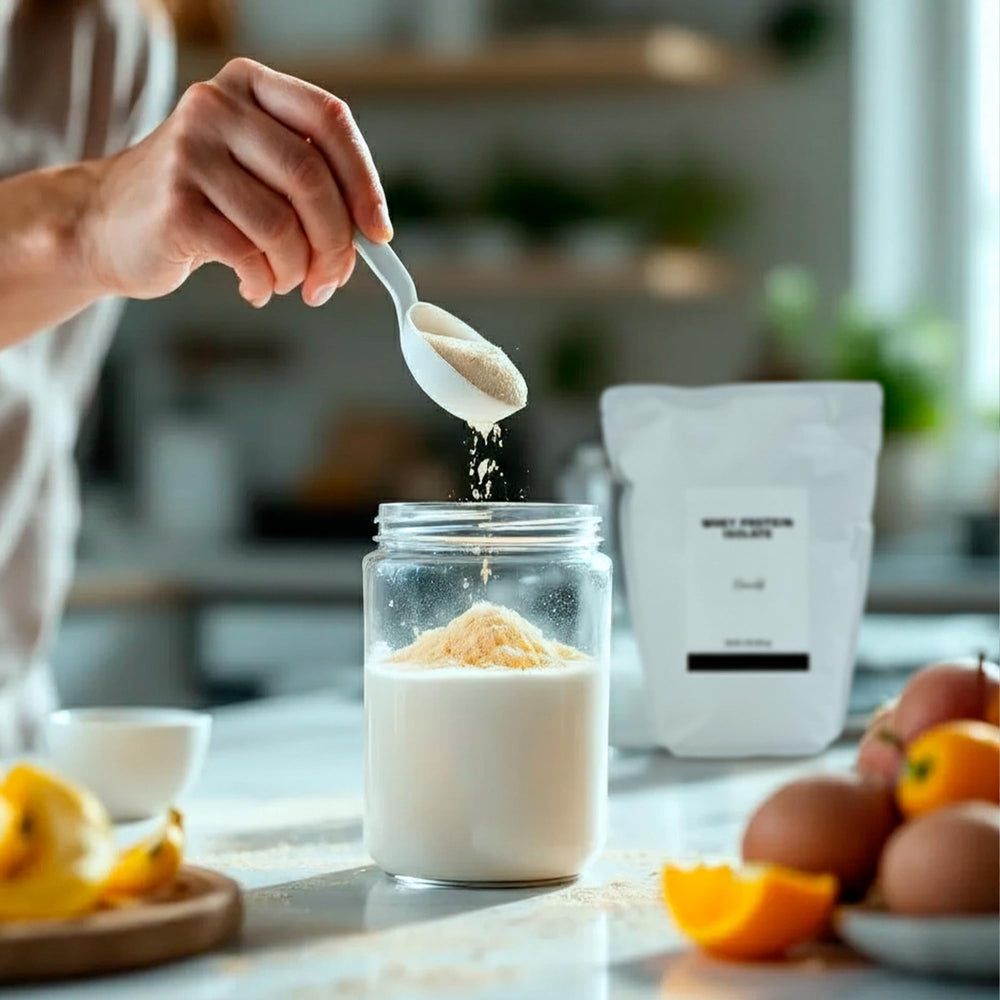 Minimalist Whey Protein Isolate 90 kitchen counter display highlights versatile use.