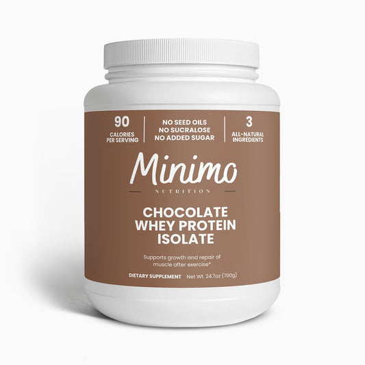 Minimo Nutrition Whey Isolate bottle highlights a clean 3-ingredient formula.