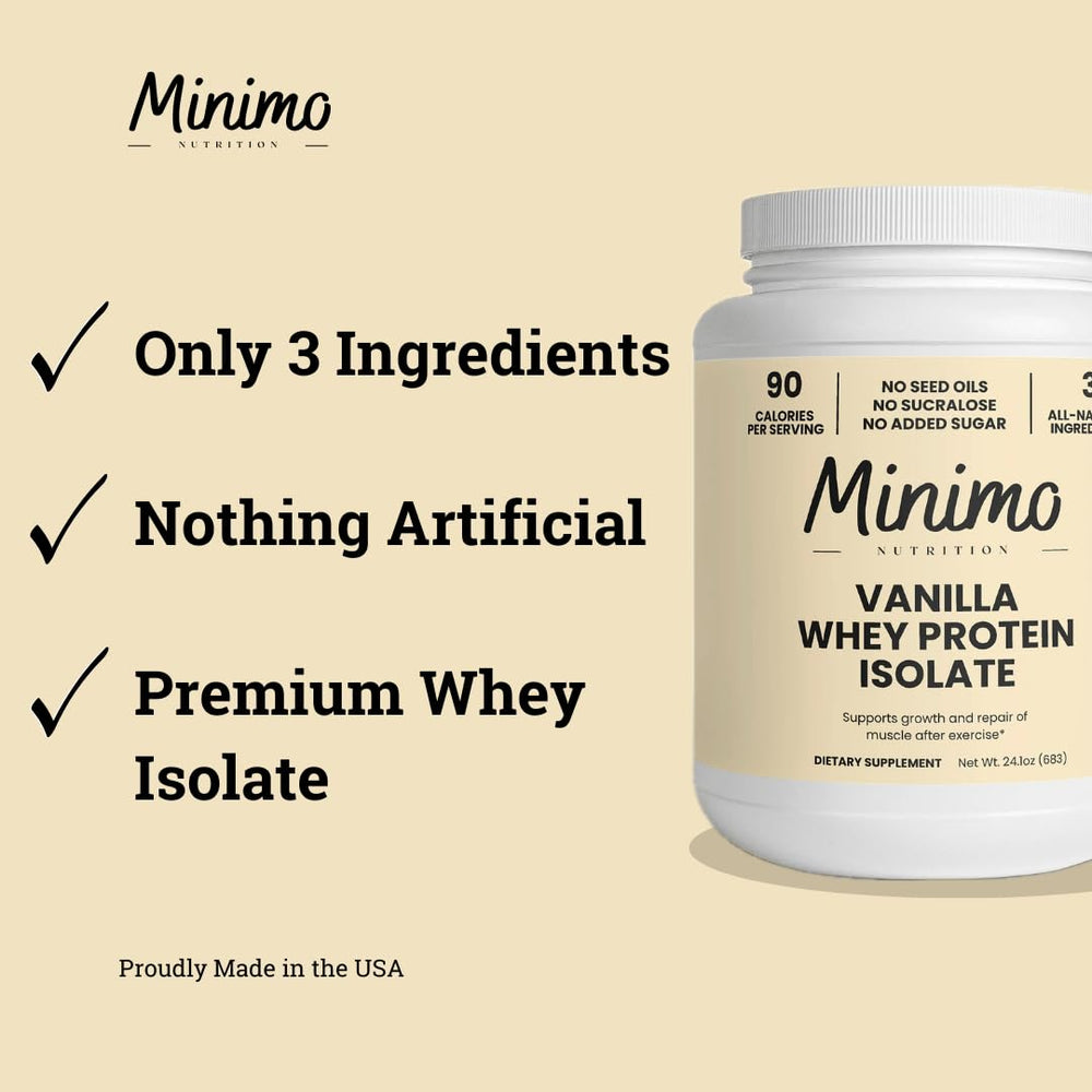 Minimo Nutrition Whey Isolate scoop highlights easy mixing and recovery support.