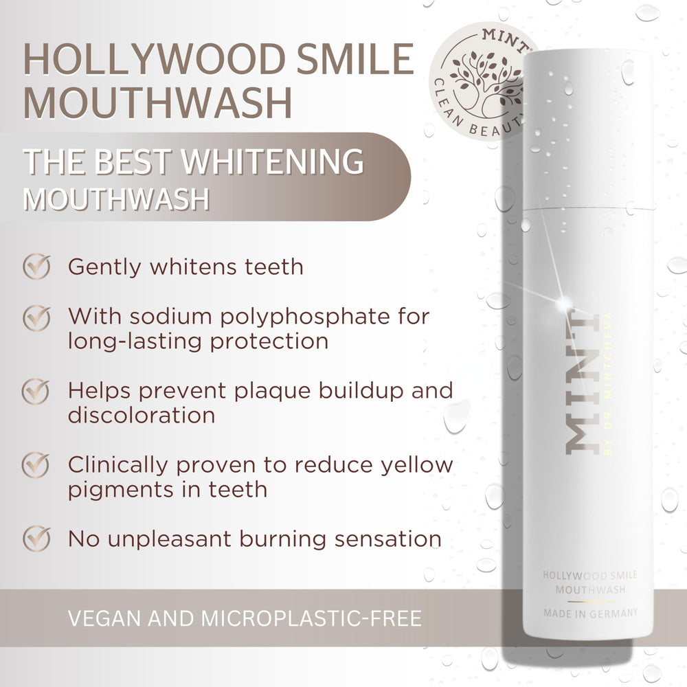 Mint by Dr. Mintcheva 2-phase whitening action emphasizes stain lift and protective care.