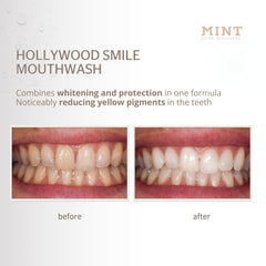Mint by Dr. Mintcheva Hollywood Smile label highlights 0.1% hydrogen peroxide for mild whitening.