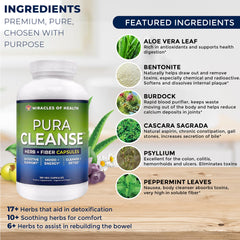 Miracles of Health Pura Cleanse capsules closeup highlighting herb and fiber blend for digestion support