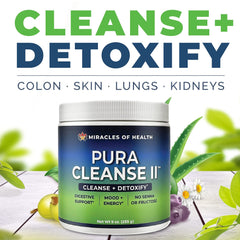 Close-up of Miracles of Health Pura Cleanse II label showing the 34-herb blend.