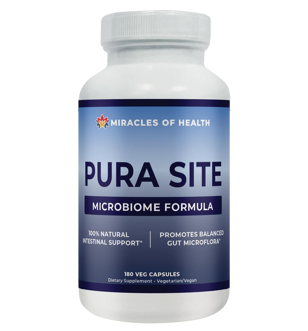 Miracles of Health Pura Site bottle front for daily intestinal support.
