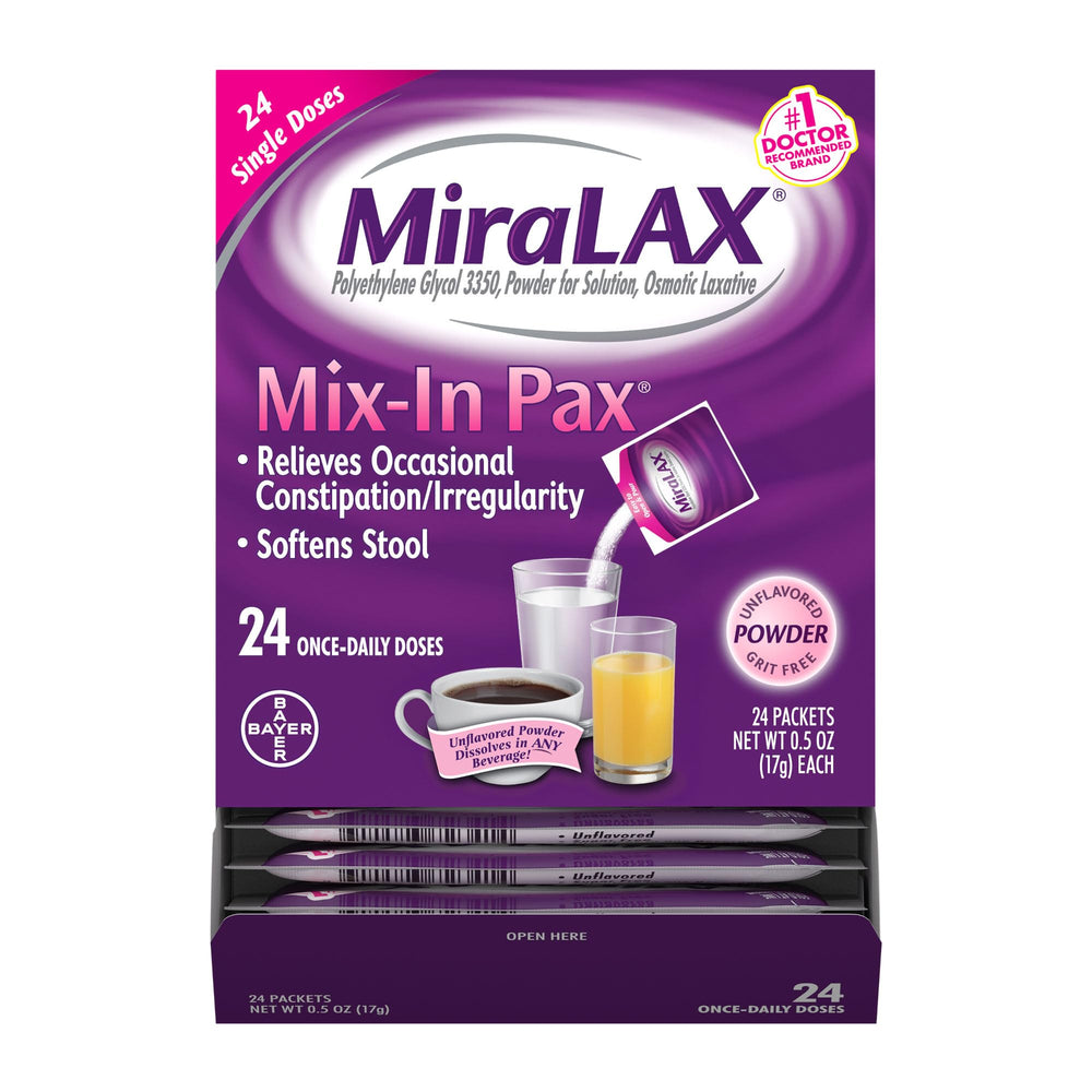 MiraLAX gentle-relief powder packet dissolves easily for gentle relief