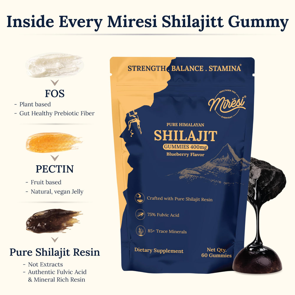 Miresi Shilajit Gummies Blueberry label on pack for trusted quality.