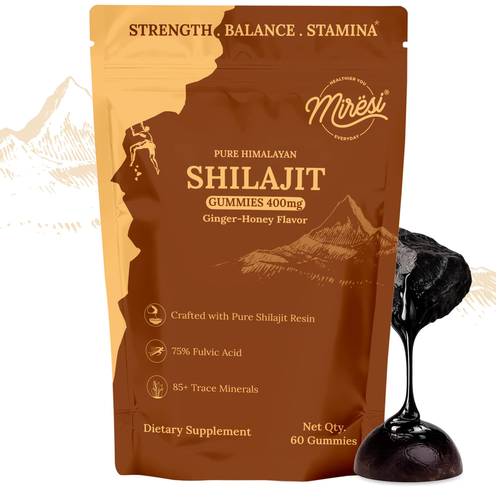 Miresi Shilajit Gummies bottle packshot with ginger-honey flavor for daily energy and focus