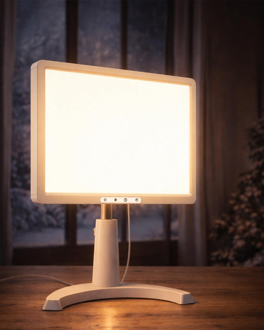 MirthSip 12000lux daylight lamp on a desk enhances reading clarity