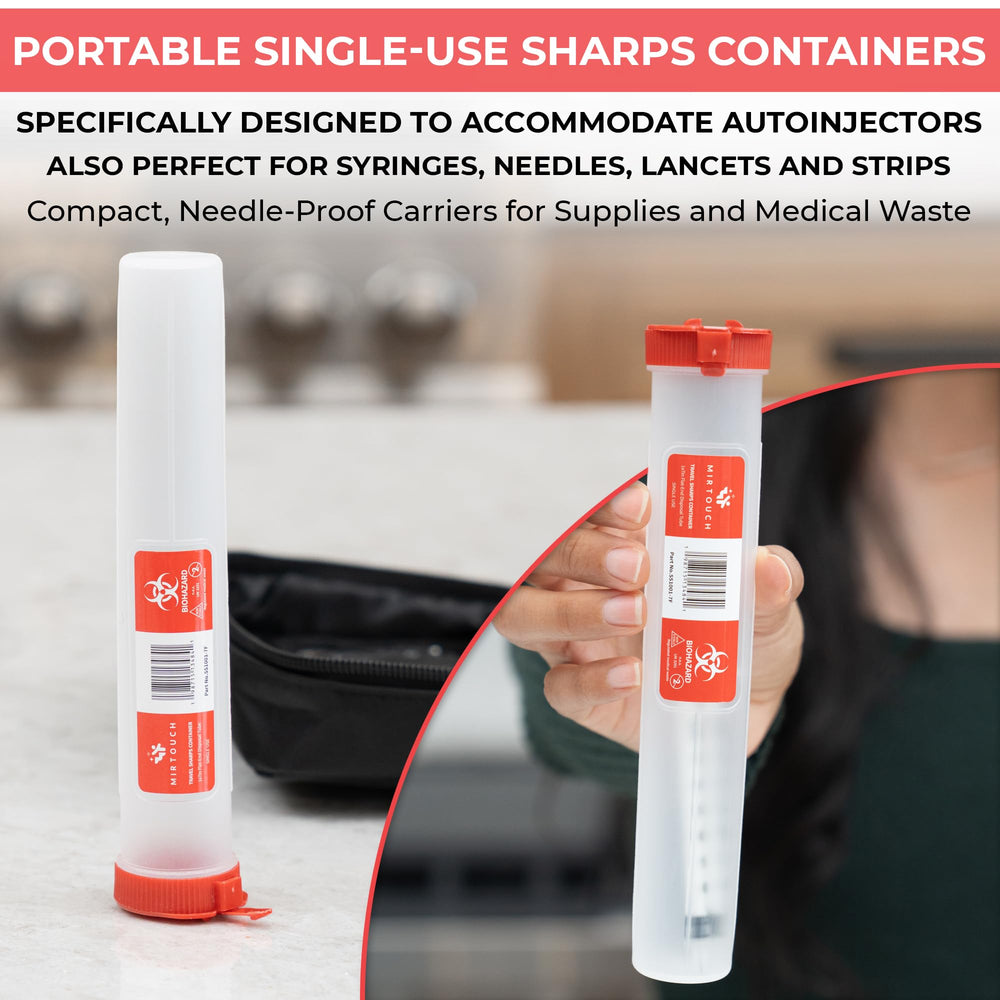 MirTouch syringes ready travel sharps container facilitates safe disposal on the road.