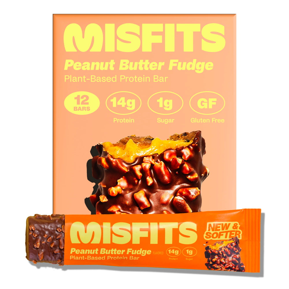 Misfits Peanut Butter Fudge vegan protein bar pack for convenient high-protein snacking.