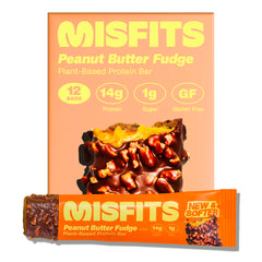 Misfits Peanut Butter Fudge vegan protein bar pack for convenient high-protein snacking.