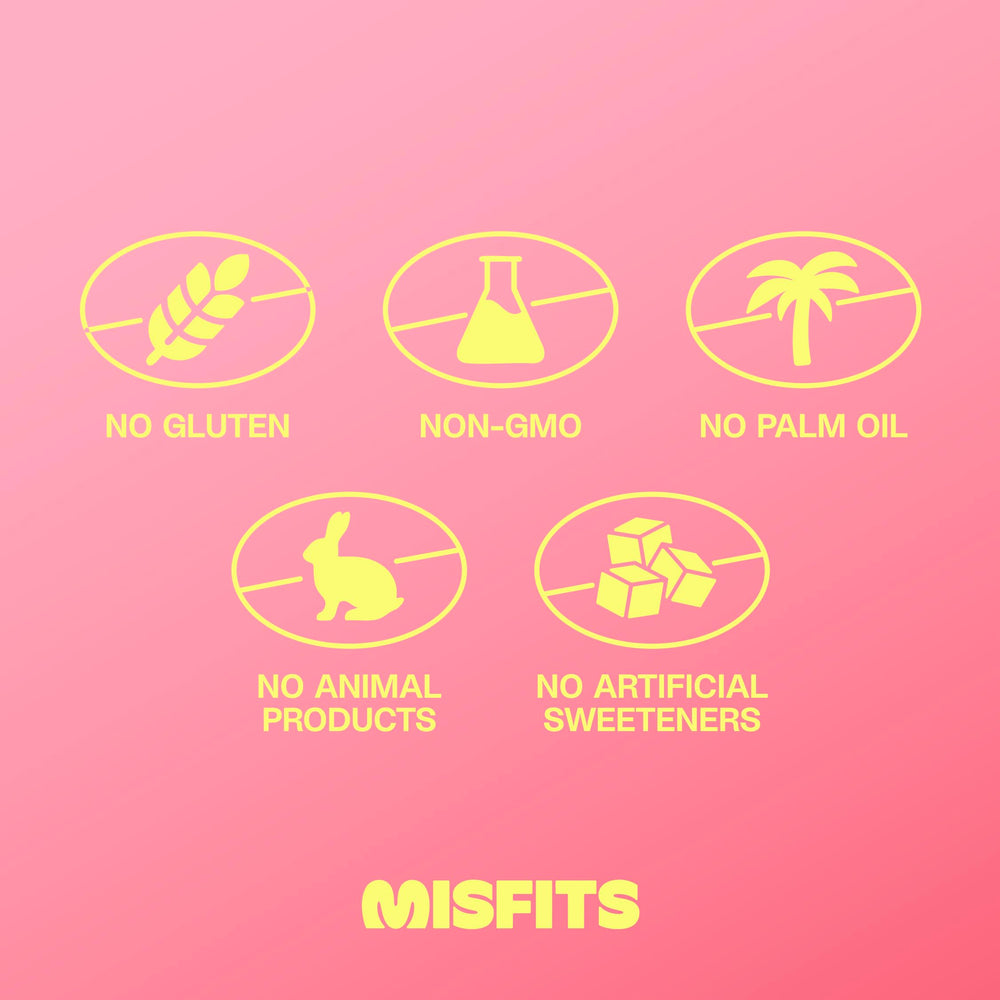 Misfits vegan protein bar foil wrapper for easy portability and freshness.