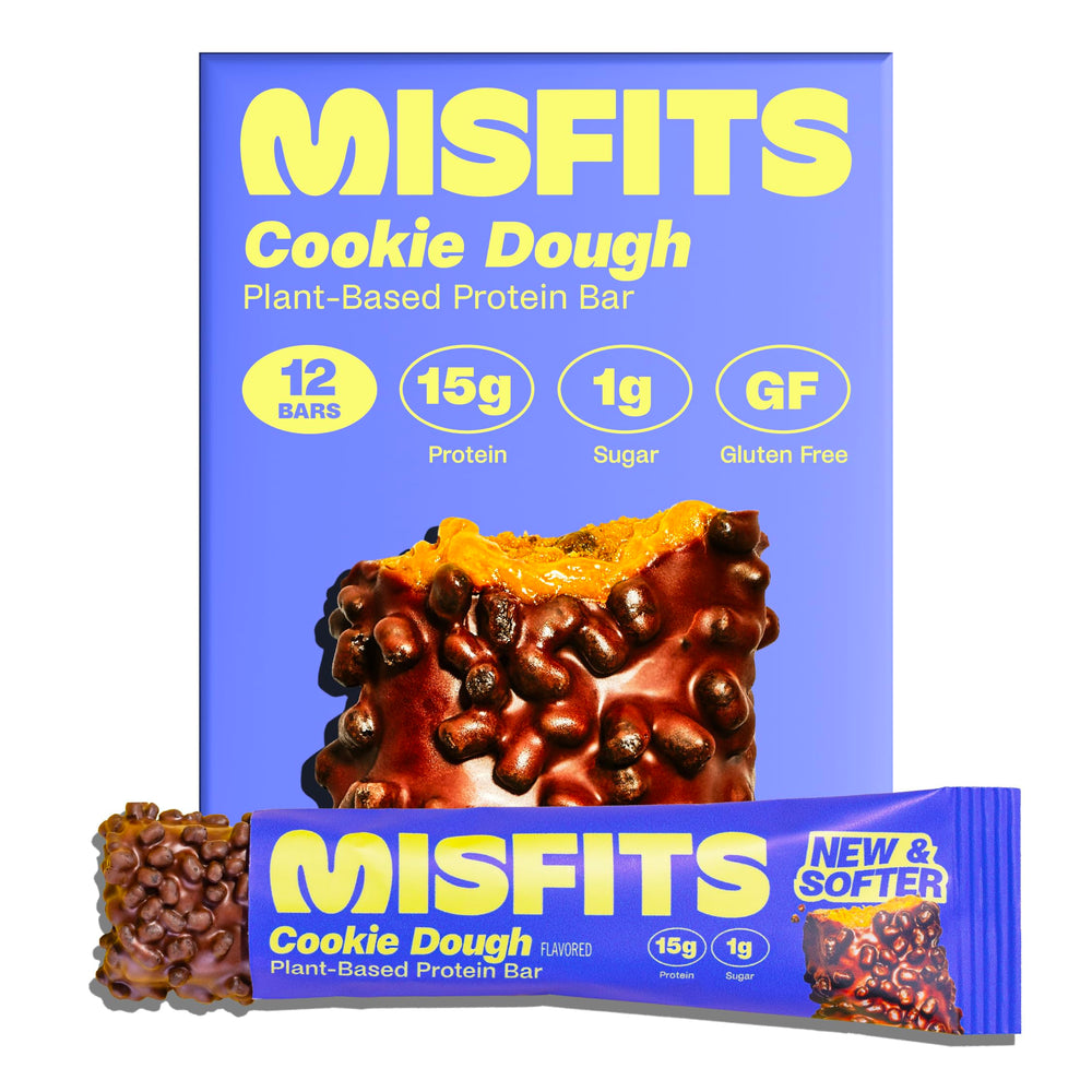 Misfits vegan protein bar cookie dough center with caramel for post-workout snack.