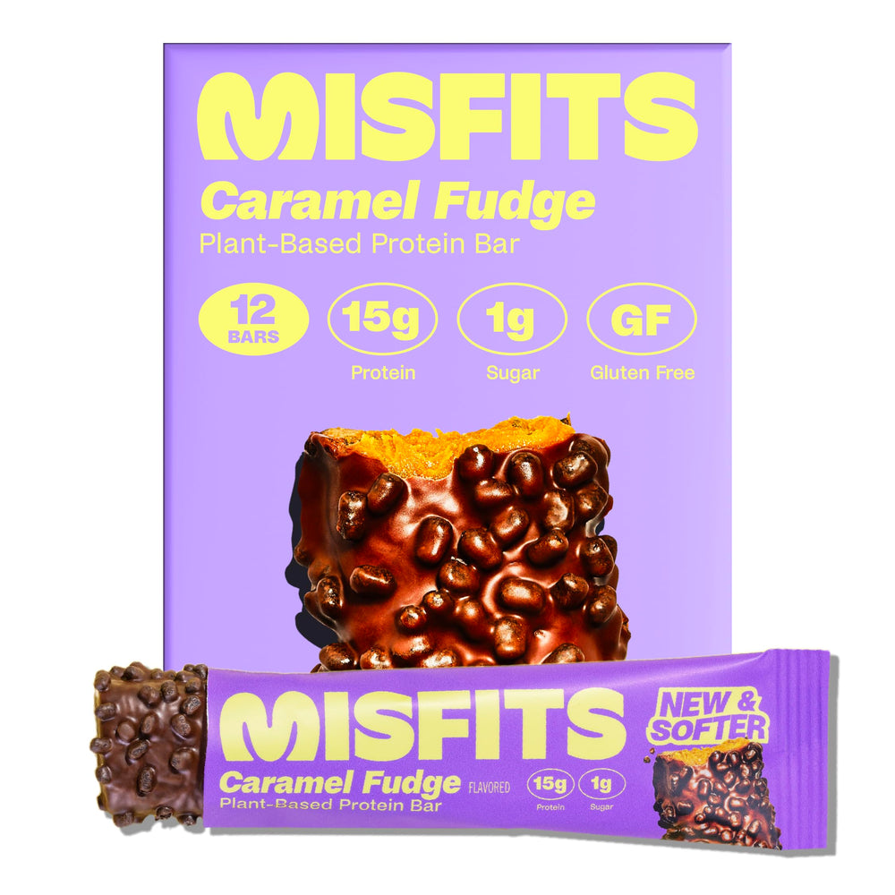 Misfits vegan protein bars sweet caramel fudge pack front view showing flavor and packaging