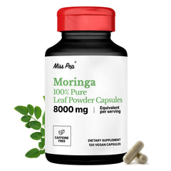 MISS PEP Moringa capsules bottle front promoting daily energy benefits