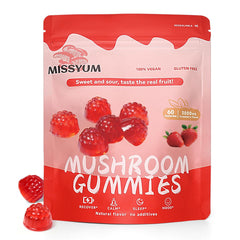 MISSYUM Mushroom Gummies bottle showing the 60-count vegan strawberry formula.