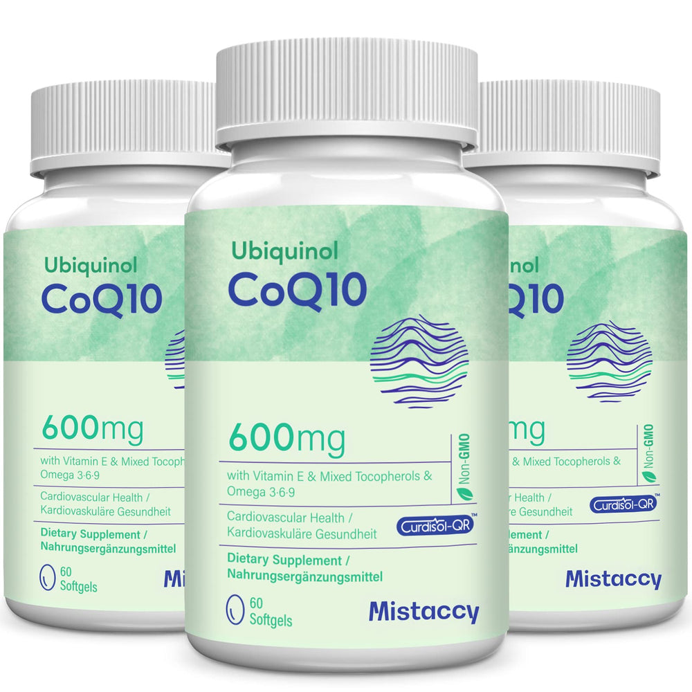 Mistaccy CoQ10 600mg softgels bottle pour showing convenient daily dose.
