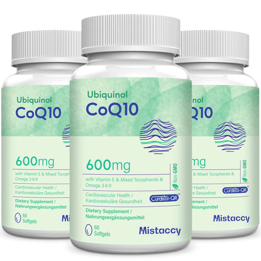 Mistaccy CoQ10 600mg softgels bottle pour showing convenient daily dose.
