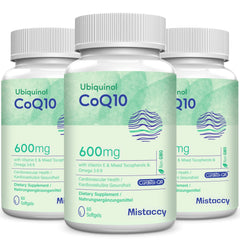 Mistaccy CoQ10 600mg softgels bottle pour showing convenient daily dose.