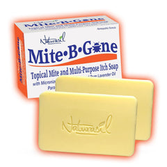Mite-B-Gone Relief Soap bar front view highlighting sulfur formula for itch relief.