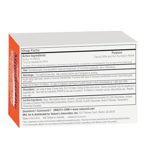 Mite-B-Gone Relief Soap lavender detail suggests calming aroma during cleanse.
