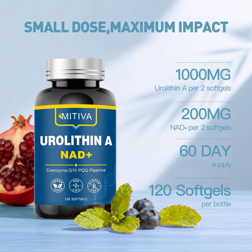 MITIVA Urolithin A label highlights NAD+, CoQ10, and PQQ ingredients.