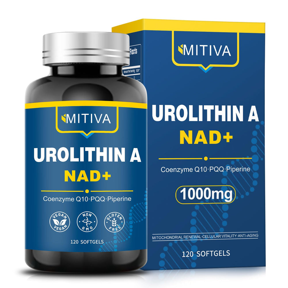 MITIVA Urolithin A supplement bottle with softgels, highlighting daily vitality.