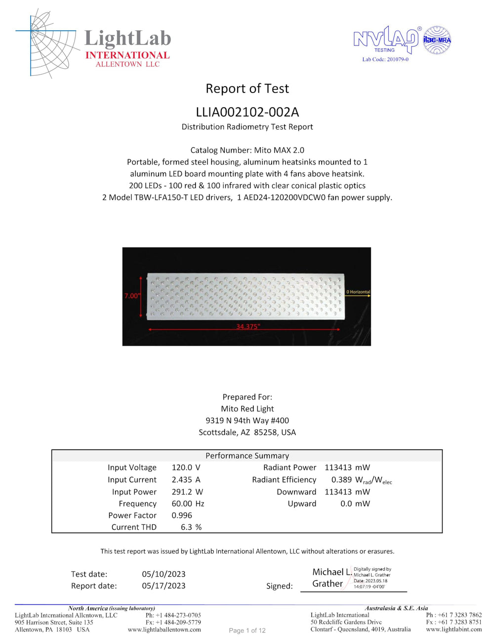 Mito Red Light Mitomax 2.0 dimensions 36x9x3 compact footprint for home setups.