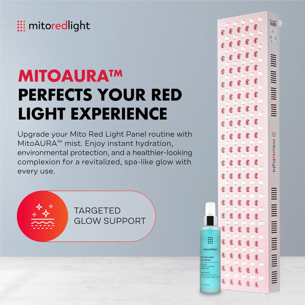 Mito Red Light Mitomax 2.0 panel in use during a quiet at-home session with full-body exposure.