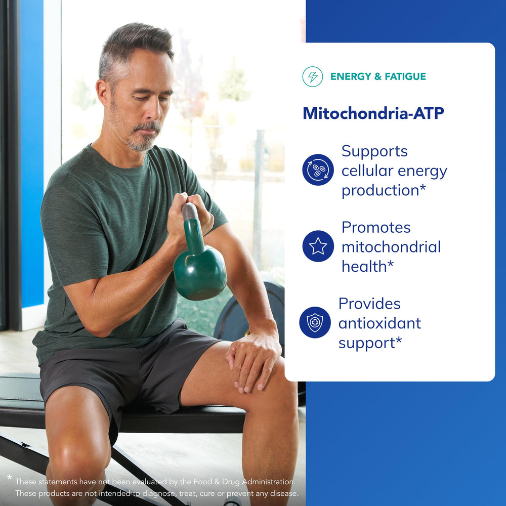 Label close-up reveals Vitamin C, Vitamin E, and thiamin in Mitochondria-ATP for energy support.