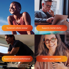 MitoQ NAD+ Dual Action science visuals hint at research-backed NAD+ support.