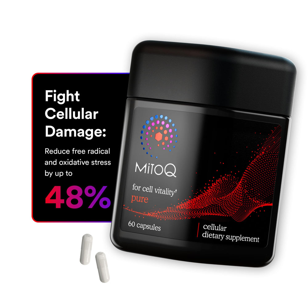 MitoQ Pure bottle on shelf highlighting mitochondrial support for healthy aging.