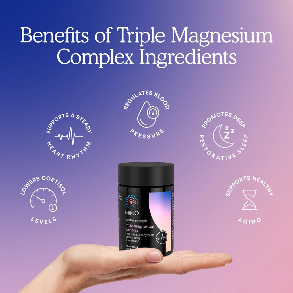 MitoQ Triple Magnesium GABA ingredient closeup shows calming formula.