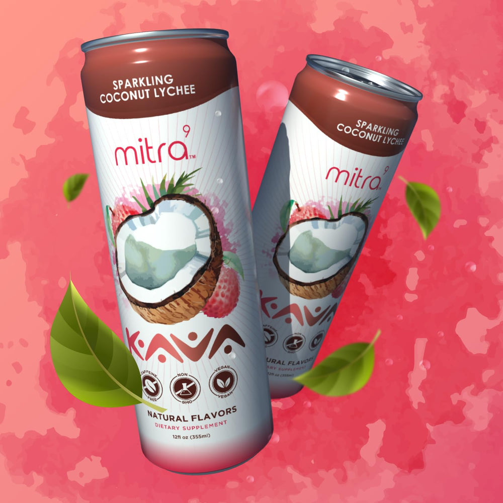 Mitra9 Paradise Lychee Kava Seltzer glass with bubbles, plant-based refreshment for stress relief