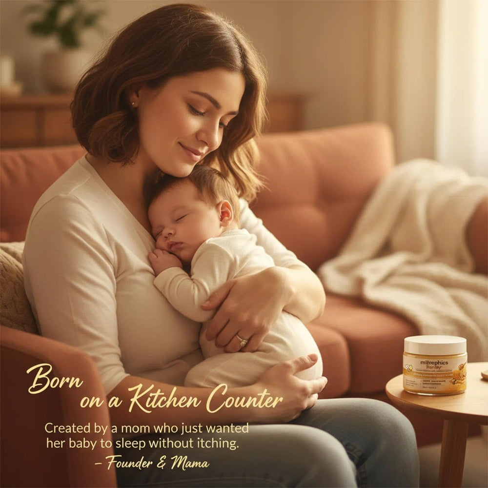 Mitrophics Honey Eczema Cream shown during nighttime routine for potential sleep-friendly relief.