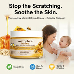 Mitrophics Honey Eczema Cream packaging highlights steroid-free, gentle care for babies and kids.