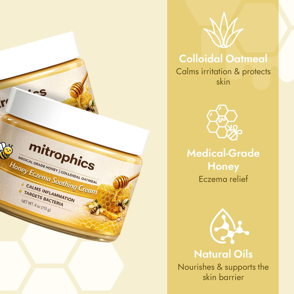 Mitrophics Honey Eczema Cream texture swatch highlights creamy non-sticky feel.