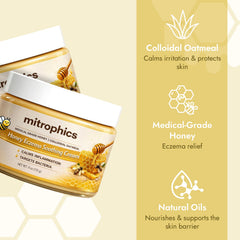Mitrophics Honey Eczema Cream texture swatch highlights creamy non-sticky feel.