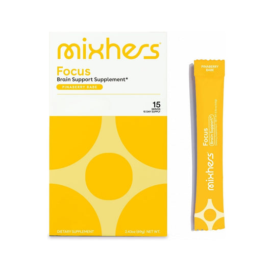Mixhers Focus packaging front showing brain-support formula for daily clarity.