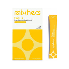 Mixhers Focus packaging front showing brain-support formula for daily clarity.