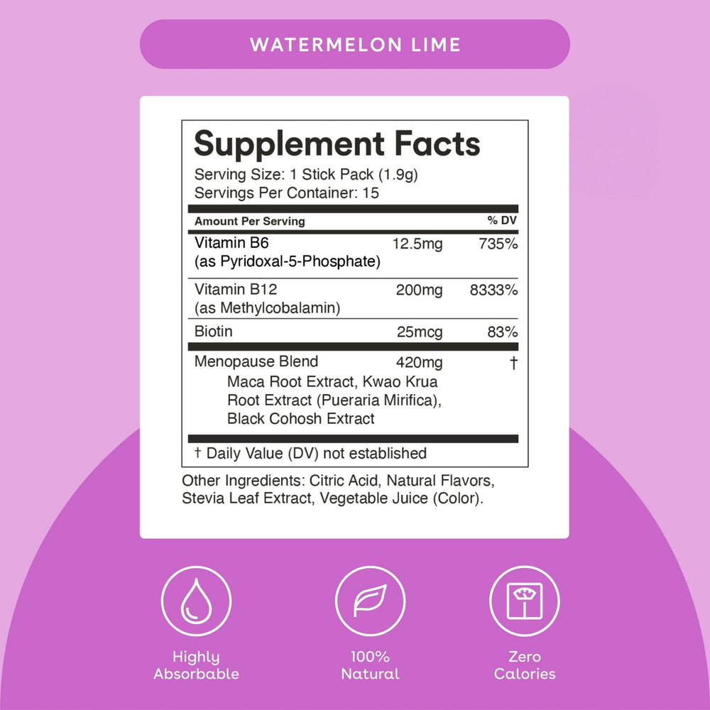 Mixhers Menopause maca-root ingredient sachet boosts natural energy and mood support.