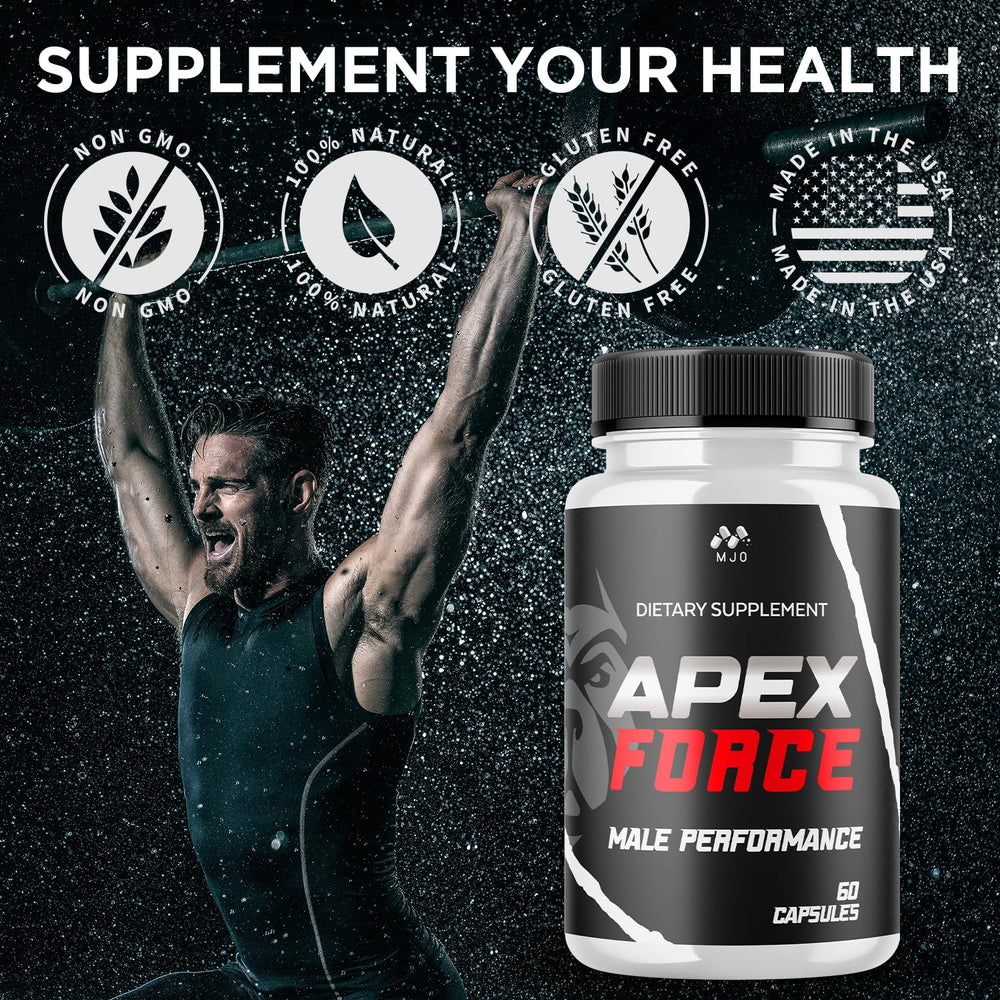 MJO Apex Force natural ingredients montage underscoring clean formulation.
