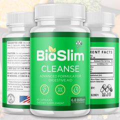 MJO Bioslim Cleanse bottle back highlights ingredients and serving size for daily use