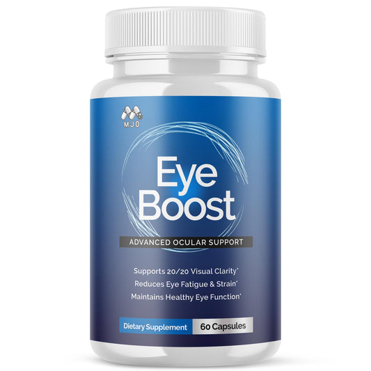 MJO Eye Boost capsules in a bottle support daily wellness for active lifestyles.