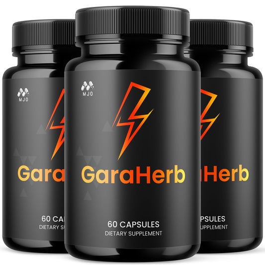MJO GaraHerb capsules bottle showcases an all-natural wellness formula for daily use.