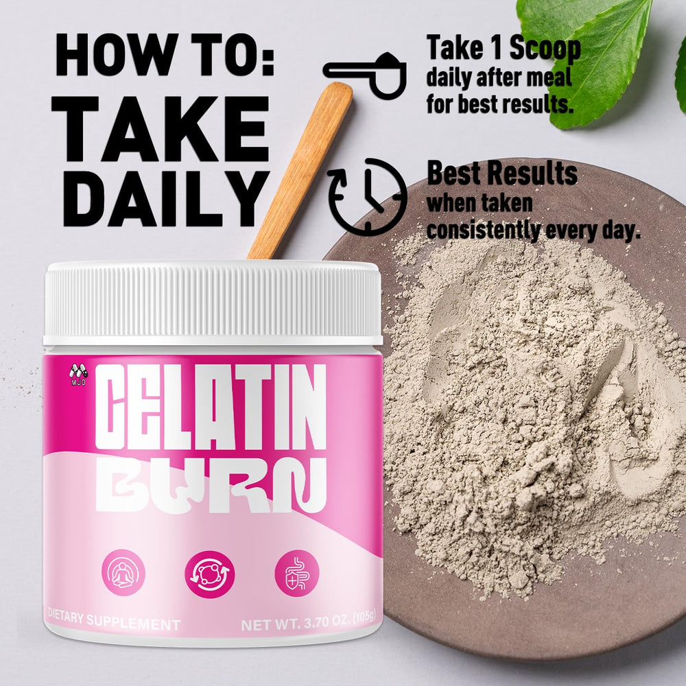 MJO Gelatin Burn Powder label highlighting natural ingredients for daily wellness.