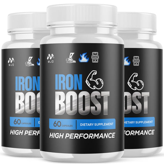MJO Iron Boost bottle front showing all-natural ingredients for daily wellness.